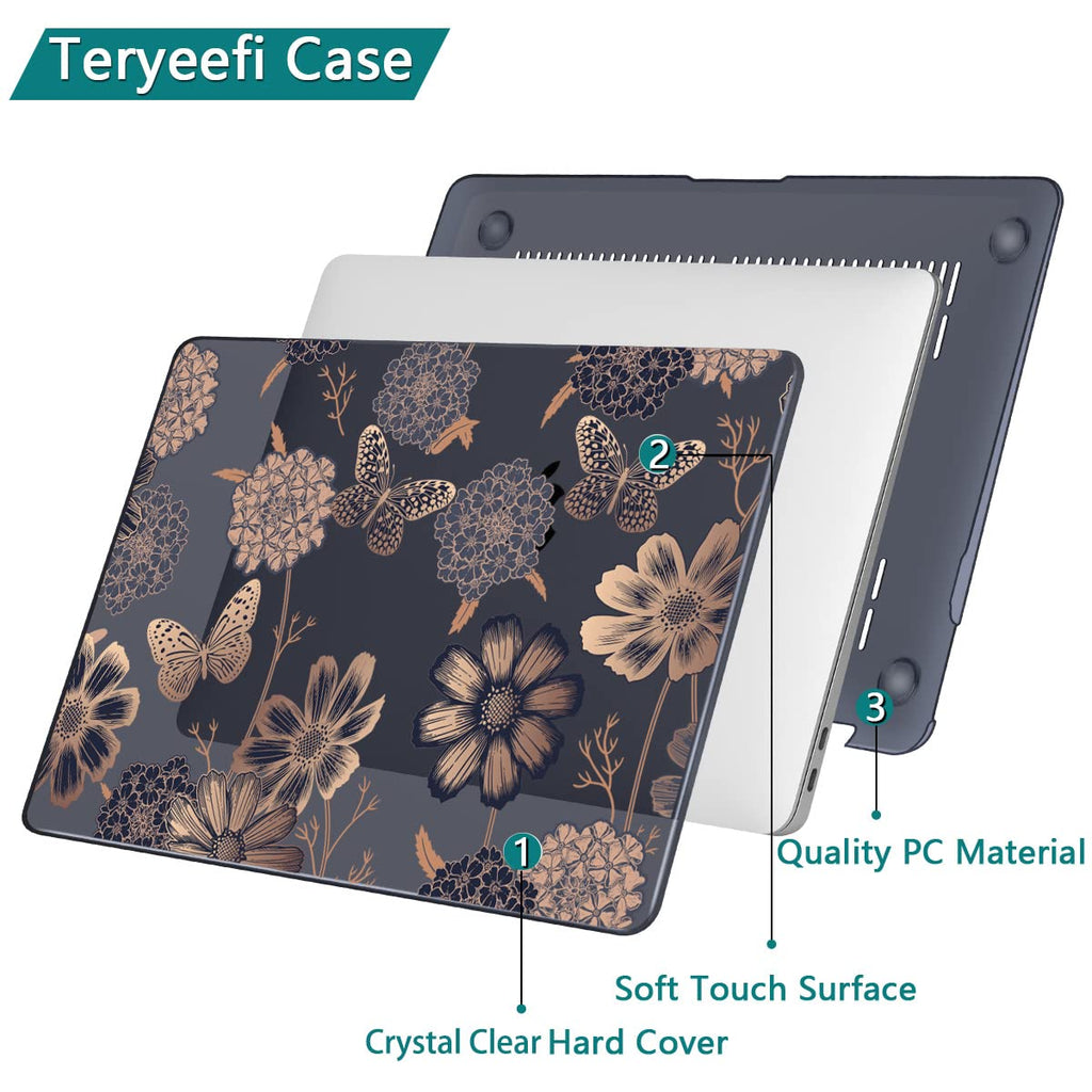 Teryeefi for MacBook Air 13 inch Case 2021 2020 2019 2018 Release (Model A2337 A2179 A1932 Retina Display with Touch ID), Plastic Hard Shell Case & Keyboard Cover for MacBook Air 13 M1, Gold Flowers