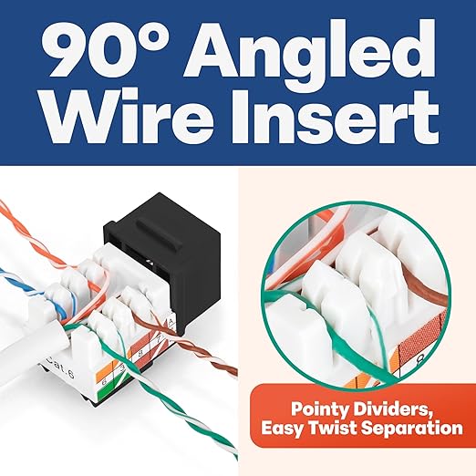 Everest 90° Angled RJ45 Cat6 Keystone Jacks 20-Pack in Black - Slim Profile Female RJ45 Connectors - Cat 6 Keystone Jack - Compatible with 90° Angled Speed Termination Tool - easyJACK (B094WB91H3)