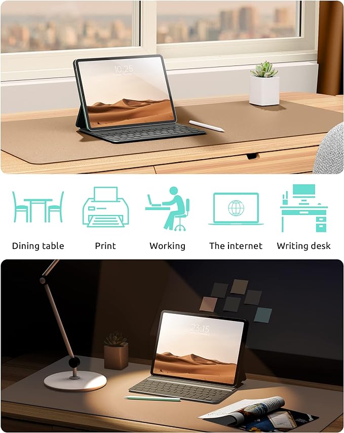 YSAGi Leather Desk Pad Protector, Office Mat, Large Mouse Pad, Non-Slip PU Blotter, Laptop Waterproof Writing for and Home (23.6" x 13.8", Khaki)