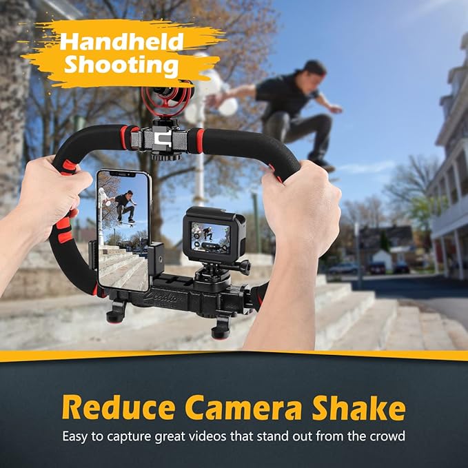 Zeadio Camera Smartphone Stabilizer, Handle Grip Handheld Video Rig, Compatibility with All Camera, Camcorder, Action Camera, DSLR and for All iPhone and Android Smartphones