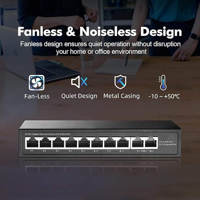 YuLinca 10 Port Mini Gigabit PoE Switch with 8 PoE+ Port, 2 Gigabit RJ45 Uplink, 10/100/1000Mbps, IEEE802.3af/at, Max 120W, Metal Fanless Plug & Play Ethernet Switch