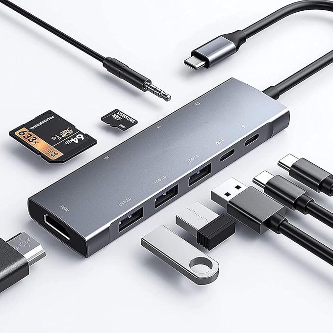 USB C Adapter Docking Station for Galaxy dex iPad Pro,USB-C Multiport Adapter with 4K HDMI,3.5mm Jack,PD 100W,3 USB3.0,SD/TF Card Slot,for MacBook iPhone 15 Samsung Tab