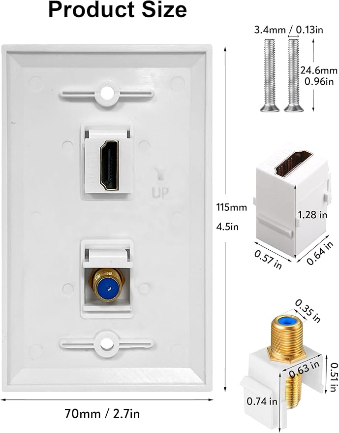 HDMI Wall Plate, 1 Port 4K HDMI Keystone to Female, 1 Port F Type Connector Coax Keystone to Female Wall Plate-White