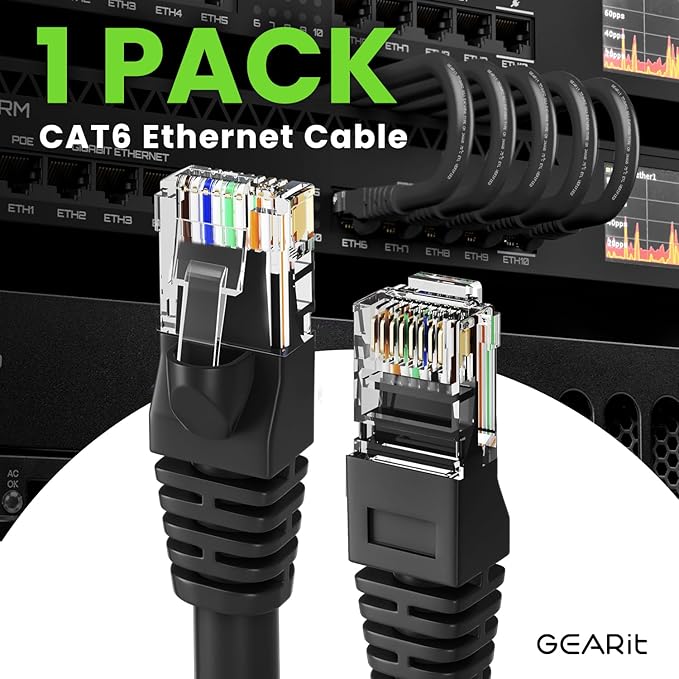 GEARit Cat 6 Ethernet Cable (1-Pack 50 Feet) Cat6 Network Patch, 10Gbps, RJ45, Snagless Cord, Gold-Plated Connectors, Internet for PC, TV, Tablet, Router, Printer, Servers, IT Data Center - Black