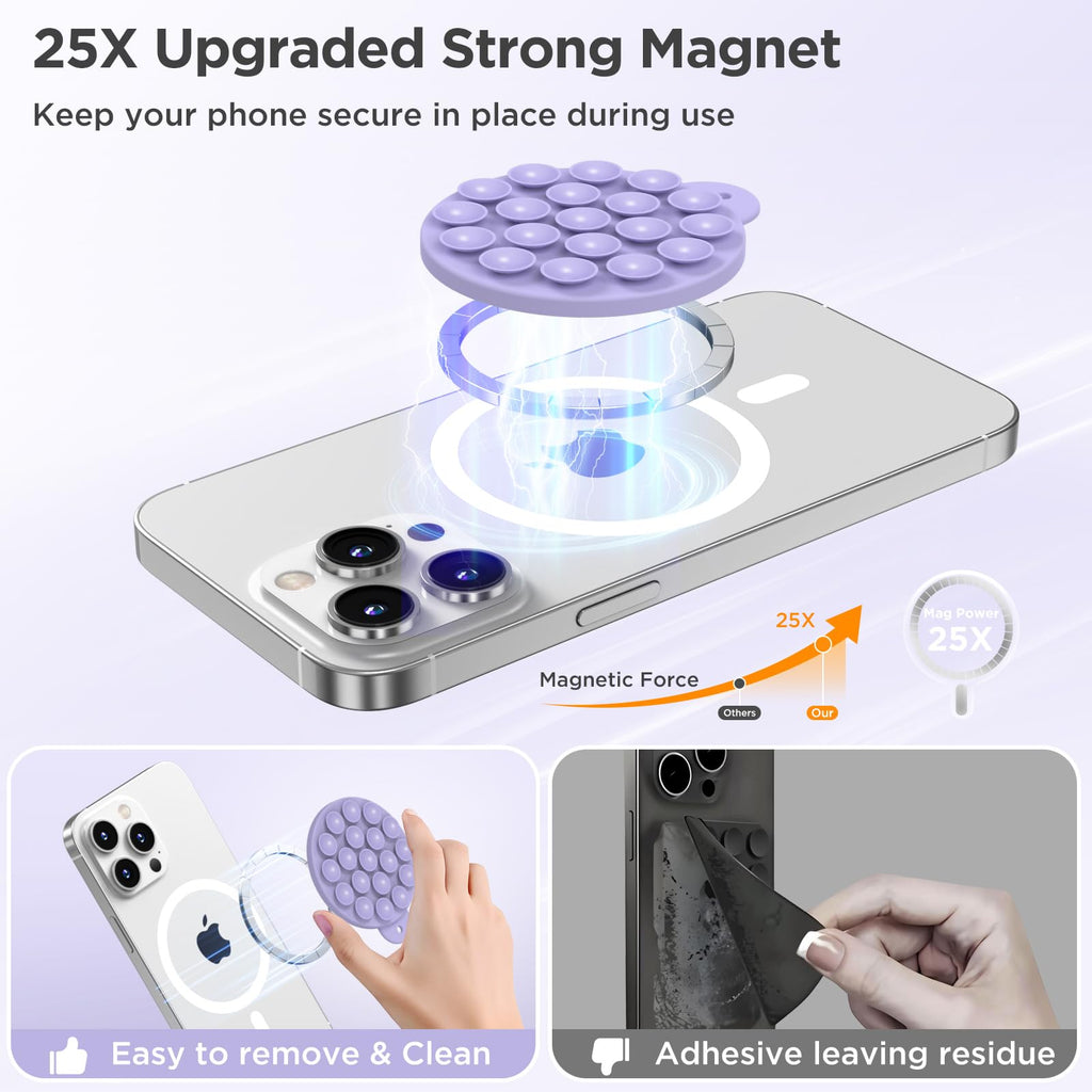 HSAOHD Magnetic Suction Cup Phone Mount with MagSafe, Silicone Hands-Free Grip Holder for iPhone Case and Android, Mirror Shower Phone Stand for Makeup FaceTime Gym Kitchen Bathroom, Lilac Purple