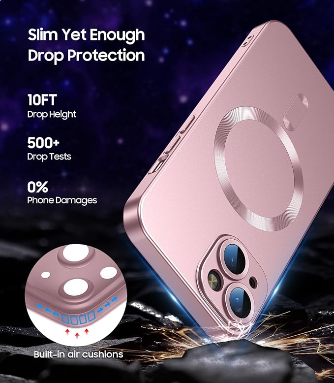 Magnetic for iPhone 13 Case [Compatible with MagSafe][Built-in Camera Lens Protector] Slim Soft Silicone Bumper Shockproof Metallic Luster Phone Case (Rose Gold)