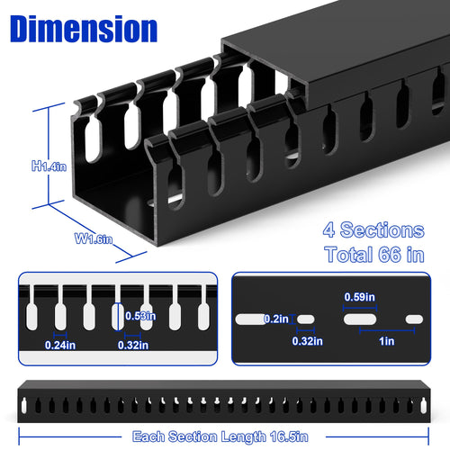 1.4"H x 1.6"W Cable Raceway, 66in Under Desk Wire Management Channel, Black