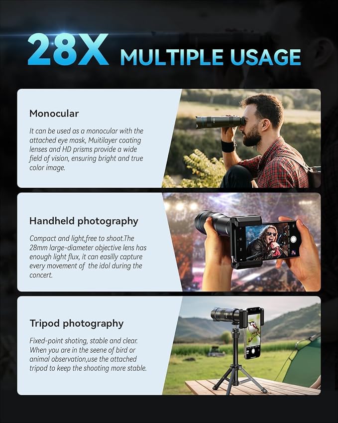High Power 28X HD Telephoto Lens with Phone Tripod for iPhone Samsung Pixel One Plus Huawei