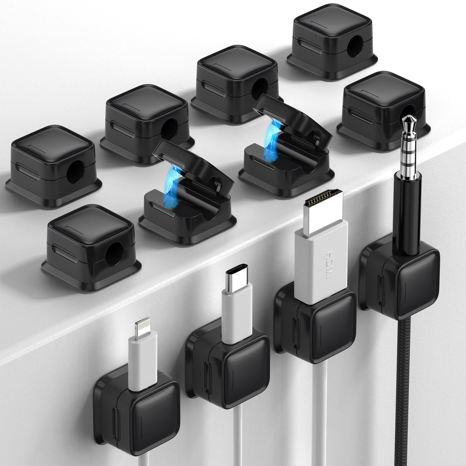 12 Pack Cord Organizer, Magnetic Cable Clips, Under Desk Management, Black