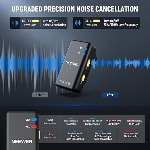 NEEWER CM28 PRO Wireless Lavalier Lapel Microphone System with Charging Case 48KHz 16 Bit Uncompressed Audio Noise Canceling 4GB Storage 9Hrs Recording Compatible with iPhone iPad Android Camera PC