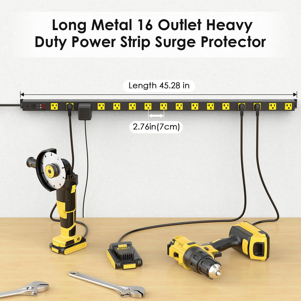 JUNNUJ Long Metal 16 Outlet Power Strip, Heavy Duty Power Strips Surge Protection 4800J with Circuit Breaker, 20a Wide Spaced Socket Wall Mount 5-15P Adapter High Amp 6-20R T-Slot 10FT Extension Cord