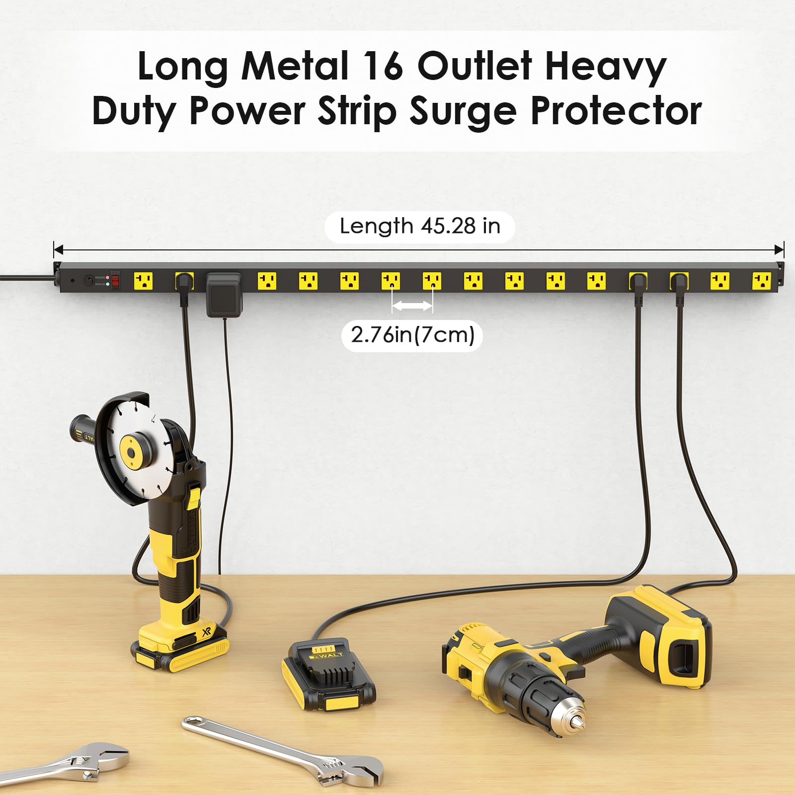 JUNNUJ Long Metal 16 Outlet Power Strip, Heavy Duty Power Strips Surge Protection 4800J with Circuit Breaker, 20a Wide Spaced Socket Wall Mount 5-15P Adapter High Amp 6-20R T-Slot 10FT Extension Cord