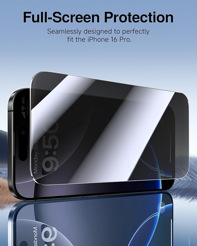 SMARTDEVIL 2 Pack for iPhone 16 Pro Privacy Screen Protector, Military Grade Shatterproof, 9H Hardness, Anti-Spy Tempered Glass, Fast & Easy Instlltion, Case Friendly