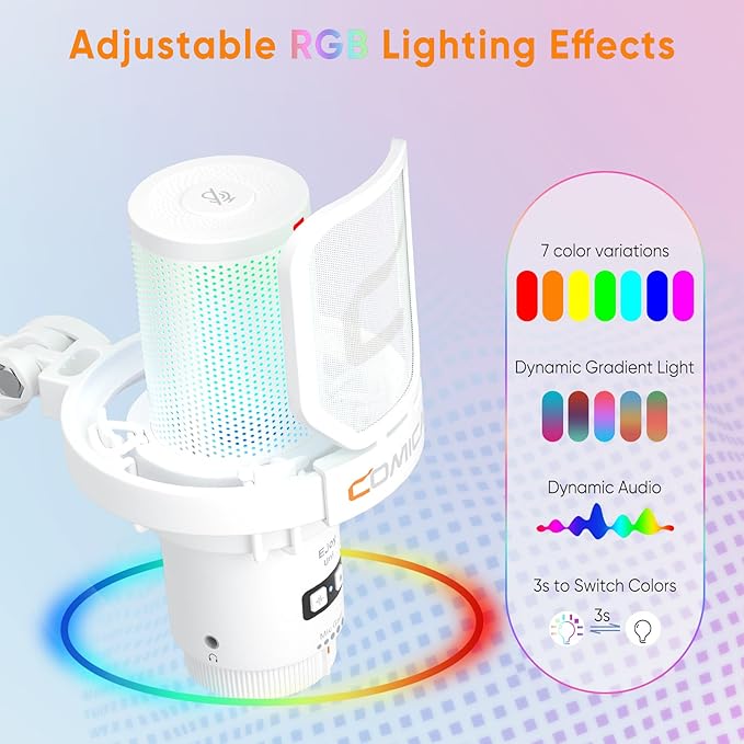 COMICA EJoy Uni USB Microphone for PC Gaming, Streaming, Podcast, YouTube, with Noise Cancellation, Mute, Gain, Monitoring - Condenser Mic for PS5, PS4, Mac, Computer (Boom Arm Mic) - White