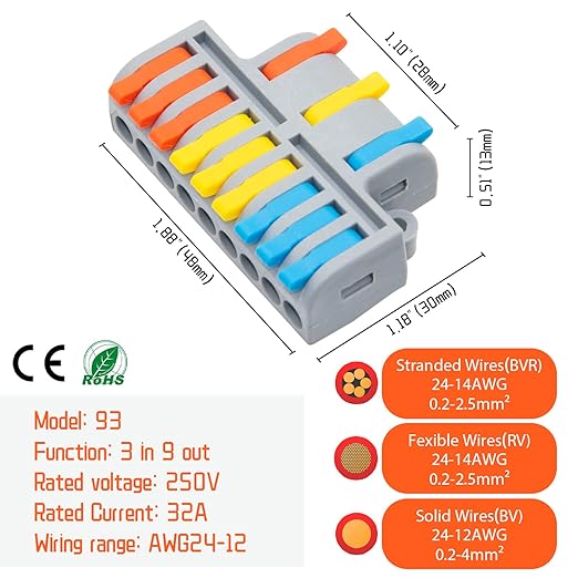 5Pcs Lever Wire Connectors, 3 in 9 Out Quick Wiring Cable Electrical Connector Compact Push-in Conductor Terminal Block for 24-12 AWG