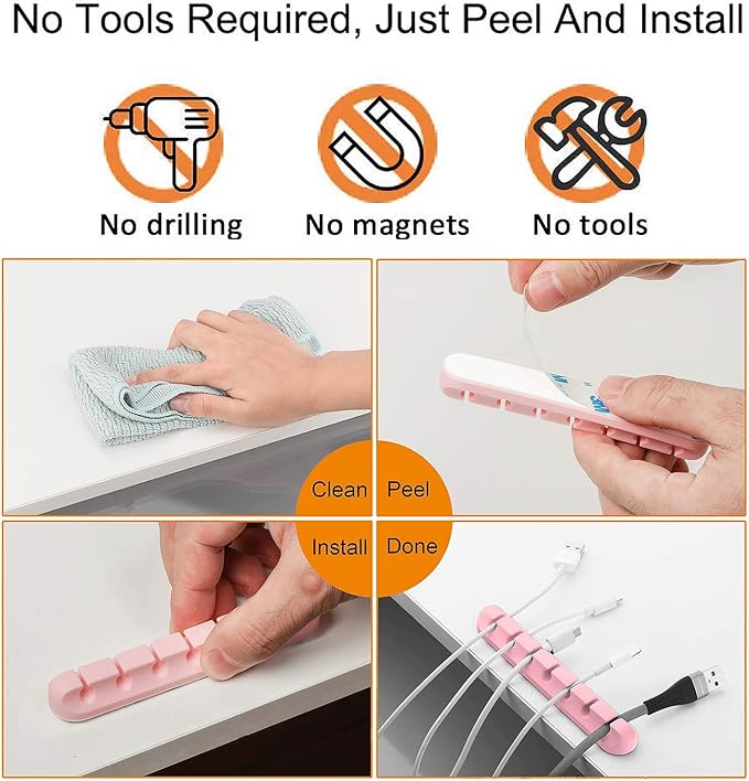 Pink Desk Cable Organizer - 5 Pack (7-5-3-1-1 Slots) Cord Clips for Cord Management, Cleans Up Messy Wires at Home, Car and Office