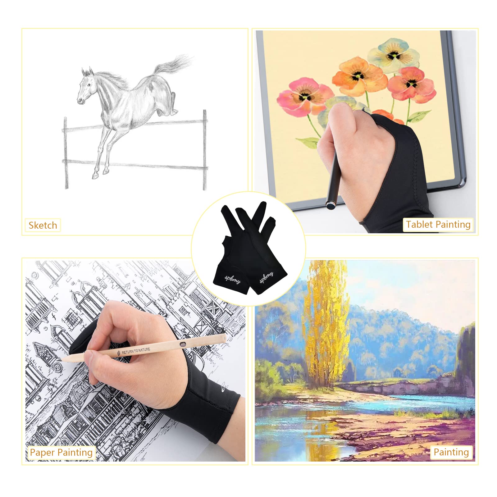 SPBMY Drawing Glove 2 Pack, Two-Finger Artist Glove for Drawing Tablet, Paper Sketching, iPad, Digital Art, Right Hand and Left Hand, Black, S: 2.95x7.48 Inches