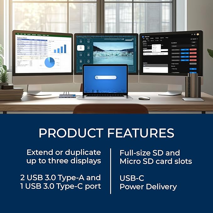 OREI SplitExtend Laptop Docking Station 3 Monitors - 2X USB 3.0, 1x Type-C, SD Card Reader - USB C Docking Station to HDMI 2.0 Extended Screen, 4K@30Hz Outputs - 100W PD