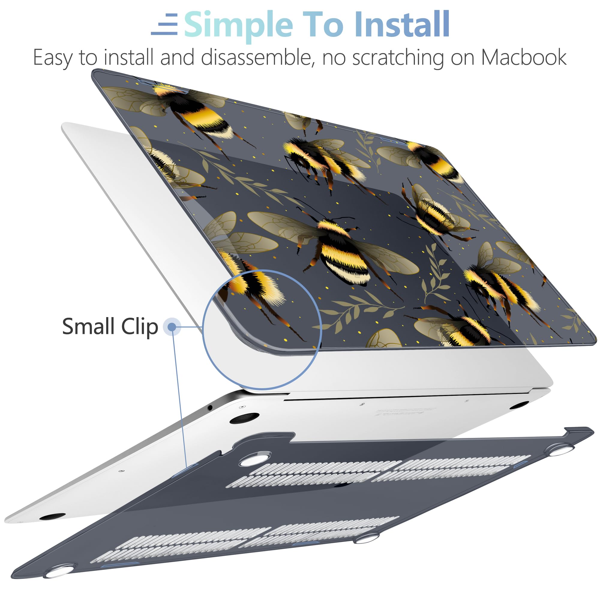 MEEgoodo for MacBook Air 13.3 inch Case 2021 2020 2019 2018 A2337 M1 A2179 A1932, Laptop Shell with Keyboard Webcam Cover & Trackpad Film & Type C Adapter for MacBook Air M1, Bumblebee & Leaves