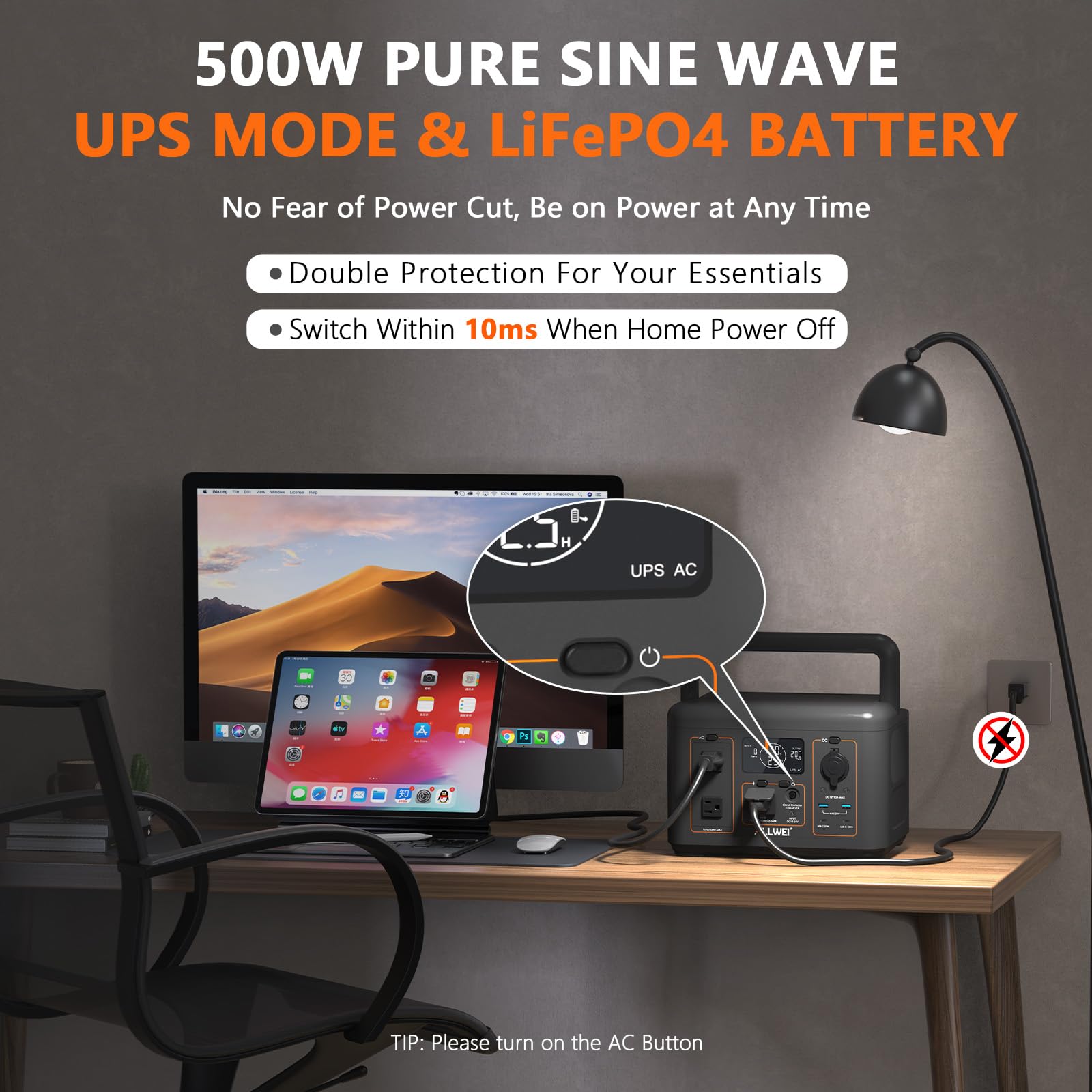 ALLWEI 500W Solar Generator with 100W Solar Panel, 512Wh LiFePO4 Battery, Portable Power Station with UPS, 1000W Surge, Backup Power for Home Blackout, Camping, Outage and Road Trip, Emergency Outdoor