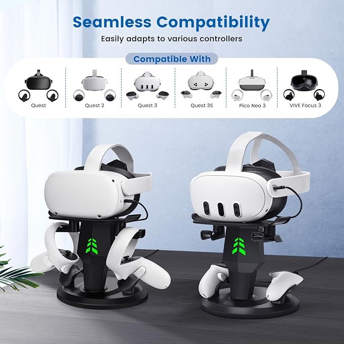 VR Headset Charging Dock for Meta Quest 3/Quest 3S/Quest 2, VR Charging Stand for Quest 3 Accessories VR Stand Supports Charging Headset with Type C Cable and fit Controller with Cover