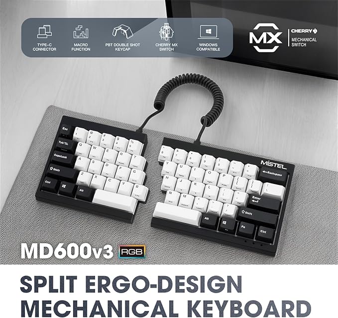 MD600 V3 RGB ORCA TKL Ergonomic Mechanical Keyboard, Cherry MX, Split Layout, PBT DoubleShot Keycap, Windows OS Compatible (Red)