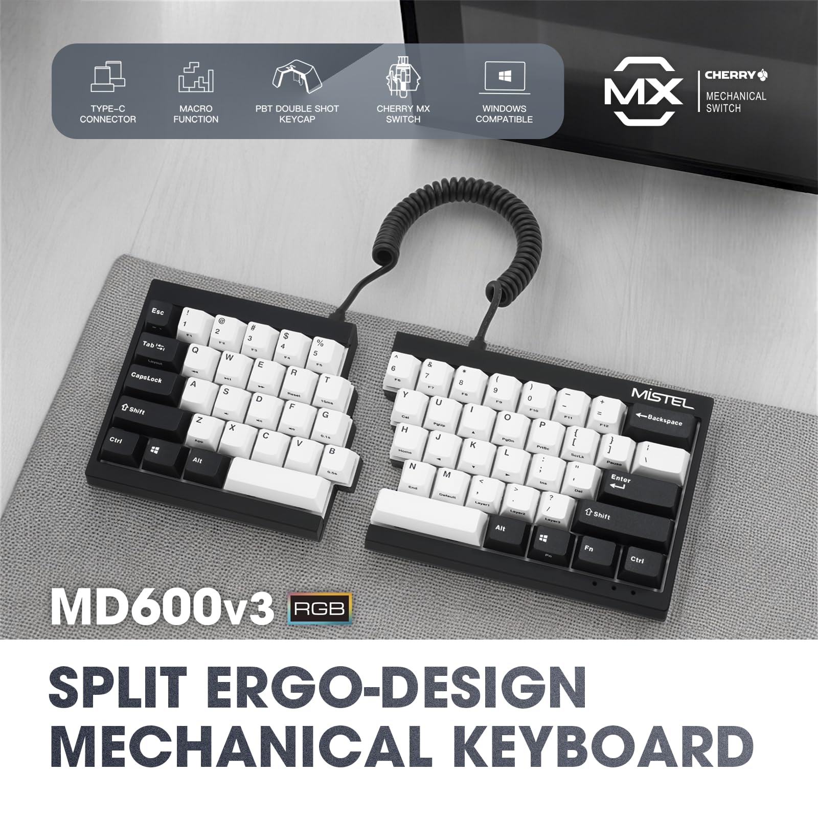 BAROCCOMiSTEL MD600 V3 RGB ORCA TKL Ergonomic Mechanical Keyboard, Cherry MX, Split Layout, PBT DoubleShot Keycap, Windows OS Compatible (Silent Red)