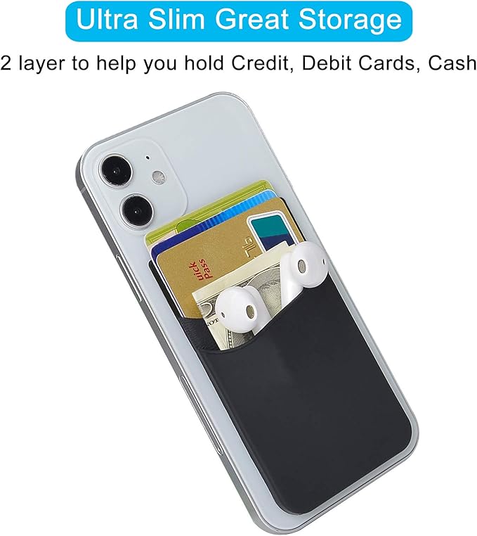 SS Card Holder for Back of Phone, Cell Phone Wallet Stick-on Credit Card Sleeve Pocket Silicone Pouch Compatible for iPhone, Samsung Galaxy and Most SamrtPhones 4 Pack