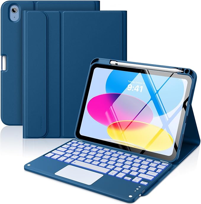 MoKo Touch Keyboard Case for iPad (A16) 11th Generation 11 inch 2025, iPad 10th Generation 10.9 inch Case with Pencil Holder,7 Colors Backlit Multi-TrackPad Detachable Bluetooth Keyboard,Dark Sea Blue