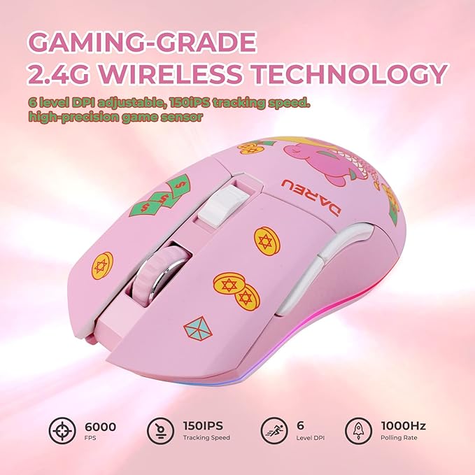 DAREU Pink Wireless Wired Gaming Mouse, Dual-Mode Rechargeable 7 Programmable Buttons,10K DPI,RGB and 7 Adjustable DPI Levels up to [150IPS] [1000Hz] for PC Notebook Mac(Lucky Bear)