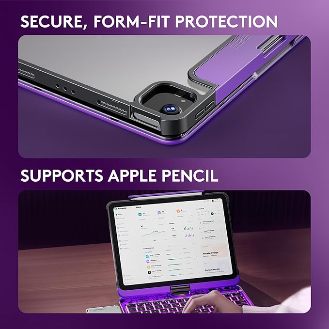 GUSGU Transparent Case with Wireless Keyboard only for 2024 iPad Pro 13-in.(M4), 7 Colors Backlight, Trackpad, 360°Rotating Stand for iPad Pro 13, Tech Style
