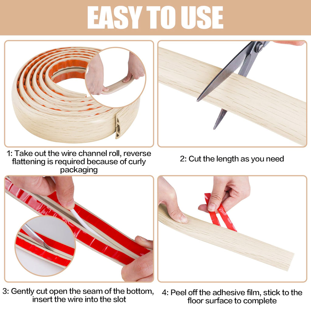 Floor Cord Cover Cavity 0.8"x0.37" Self Adhesive Cord Hider, 3.3FT Low Profile Cable Management, Extension Strip Protector for Wires, Prevent Cable Trips for Offices, Gyms, Exhibitions (Yellow Wood)