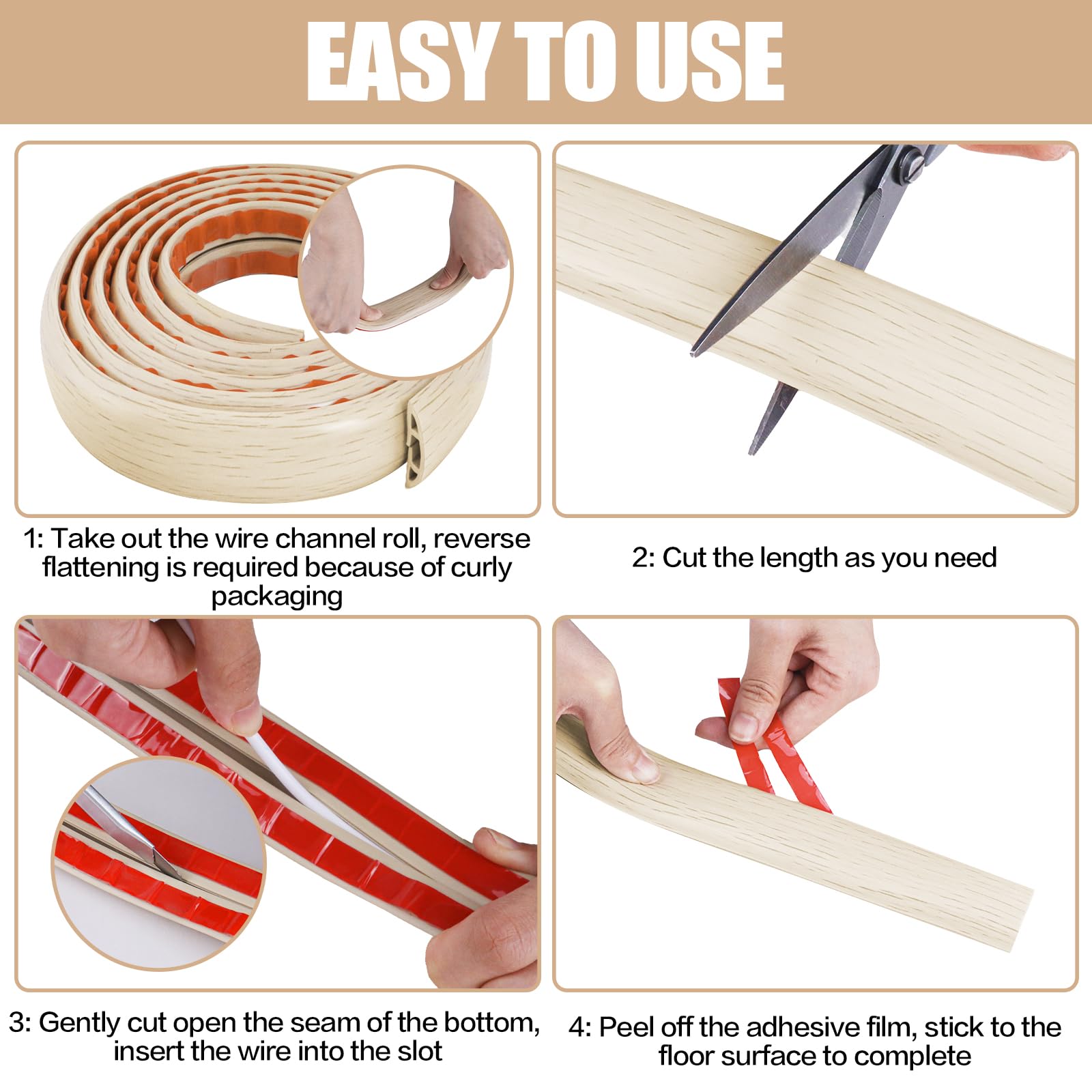 Floor Cord Cover Cavity 0.8"x0.37" Self Adhesive Cord Hider, 3.3FT Low Profile Cable Management, Extension Strip Protector for Wires, Prevent Cable Trips for Offices, Gyms, Exhibitions (Yellow Wood)