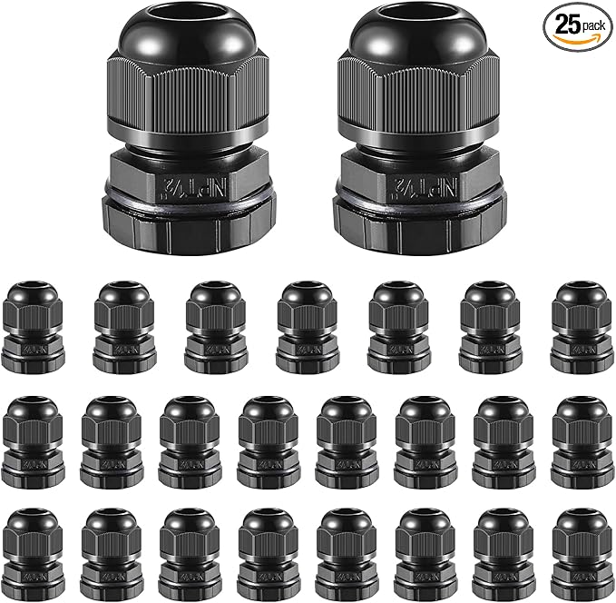 25 PCS 1/2"(6-12.5mm) NPT Nylon Cable Gland Joints with Gaskets, IP68 Adjustable Lock Nut Strain Relief Cord Grip Waterproof Cable Glands - UL Listed and RoHS Compliant