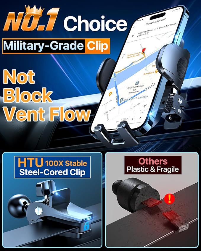 HTU 2025 Best Car Phone Holder 【Ultimate 5-in-1 & Upgraded 100+LBS Strongest Suction】【True Military-Grade & Safety Cert】 360° Windshield Dashboard Vent Mount Stand for iPhone Android & Truck, Black