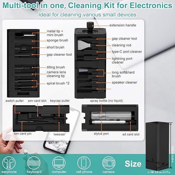 VICHYIE Keyboard Cleaning Kit with Brush, Computer Laptop Cleaner Kit, Phone Cleaning Tool, Multi-Function Cleaner Kit for Earbuds, Cellphones, PC, Screens, Camera Lens, Electronics Devices (Black)