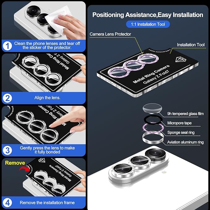 for Samsung Galaxy Z Fold 7 Camera Lens Protector, Individual Metal Ring Tempered Glass Lens Cover, [Strong Adsorption] Scratch Resistant Ultra-Thin HD Clear Lens Cover, 1 Set-Purple Sparkly