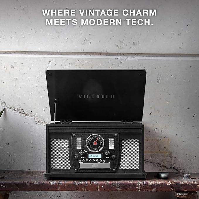 Victrola Navigator 8-in-1 Bluetooth Record Player with Built-in Speakers – 3 Speed Turntable, CD Player, Cassette, FM Radio, USB, RCA Out, Headphone Jack, Wireless Music Streaming, Real Wood (White)
