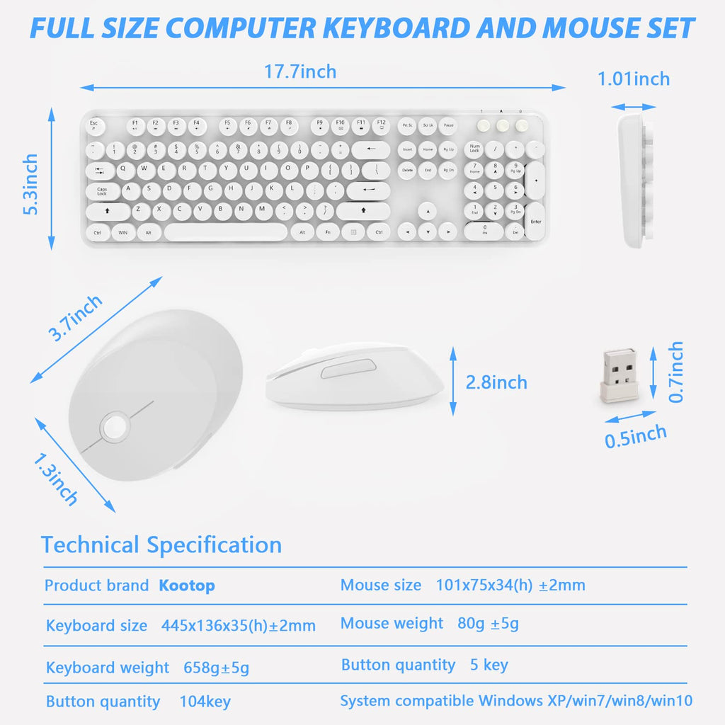 Wireless Keyboard Mouse Combo,104 Keys Cute Colorful Typewriter White