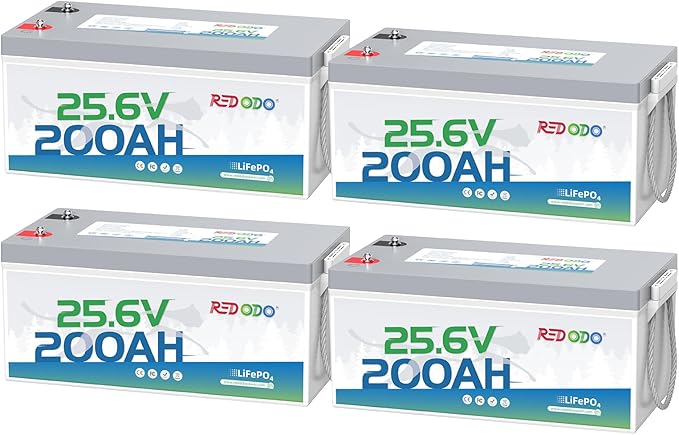 Redodo 24V 200Ah LiFePO4 Lithium Battery, Built in 200A BMS, Max. 5120Wh Energy, Up to 15000 Deep Cycle Lithium Battery, Perfect for Solar Home System, RV, Off Grid, Marine (4 Pack)