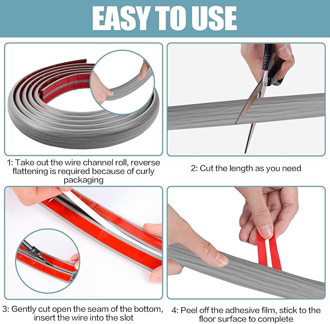 Floor Cord Cover Self Adhesive Cord Hider,10FT Cable Management, Extension Strip Protector for Wires, Prevent Cable Trips for Offices, Gyms, Exhibitions Cavity:0.3"(W) x 0.28"(H) Gray Wood