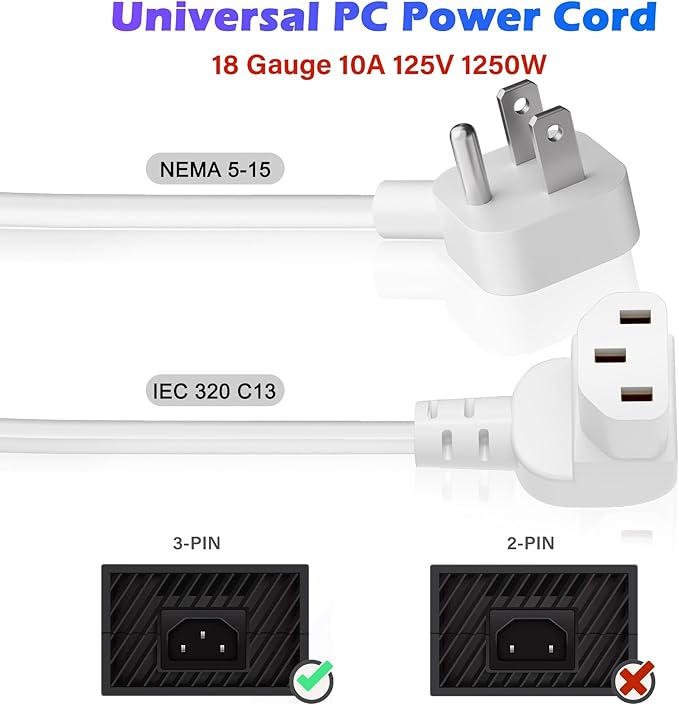 Adoreen 6 Ft Computer TV Replacement Power Cord White, Low Profile Flat Plug to 90 Degree Angled L-Shaped 18AWG 3-Prong AC Universal Power Supply Cable for Printer, PC, Monitor TV LCD, ETL+Ties