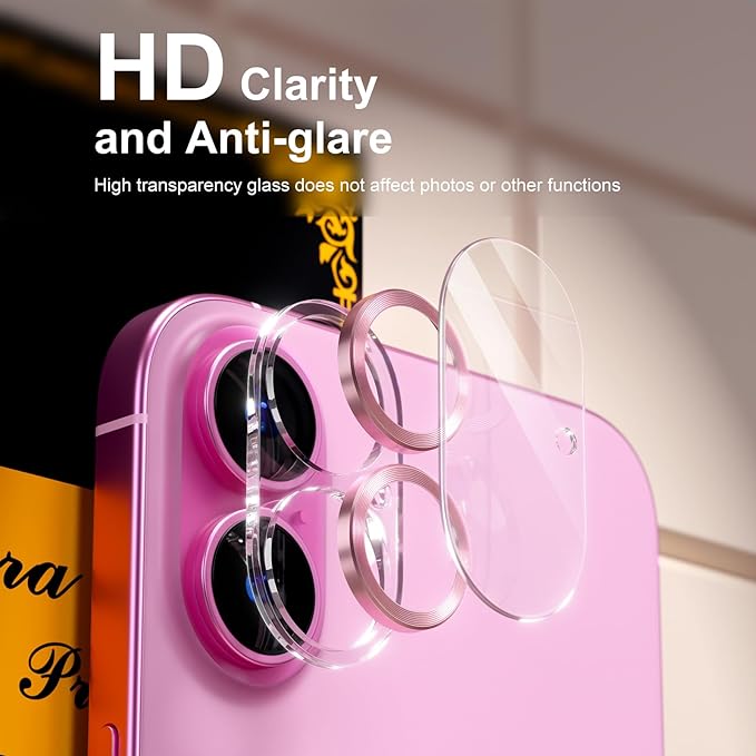 beuxece for 6 Pack iPhone 16 / iPhone 16 Plus Camera Lens Protector [Drop Protection] [Case Friendly] [Easy Installation] 9H Tempered Glass Camera Screen Protector Cover Accessories, CD Pink