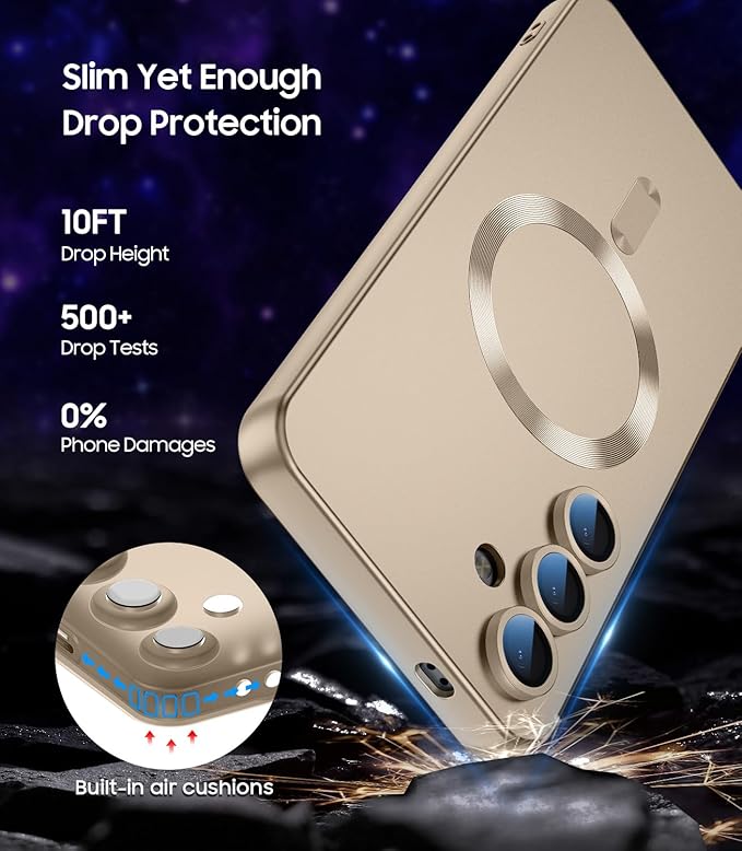 Magnetic for Samsung Galaxy S24 Case [Compatible with MagSafe][Built-in Camera Lens Protector] Slim Soft Silicone Bumper Shockproof Metallic Luster Phone Case (Gold)