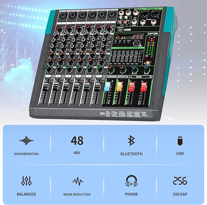Depusheng PA6 professional DJ audio mixer 6 channel input built-in 256 kinds of DPS effects support 48V phantom power USB Bluetooth MP3 computer recording