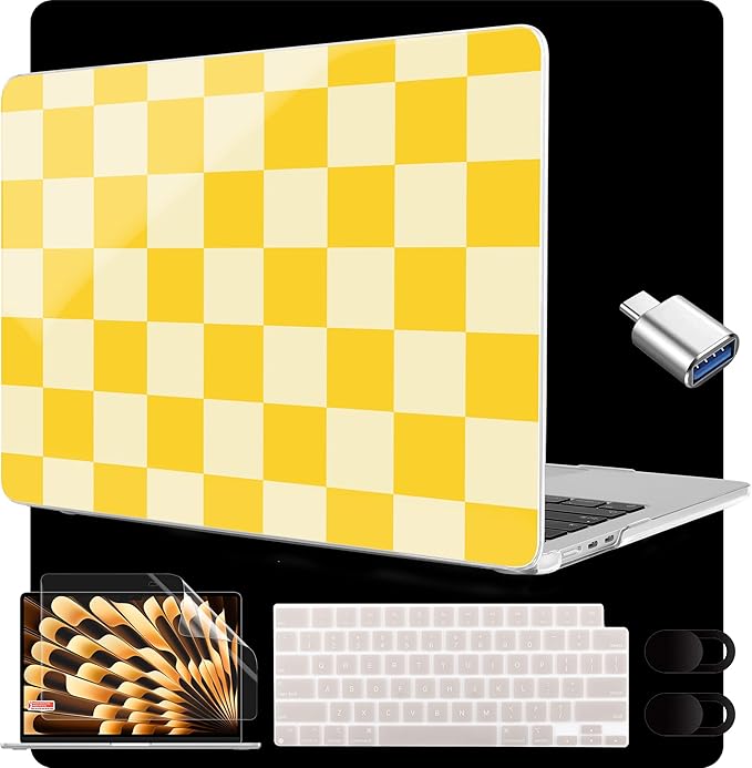 MEEgoodo for M4/M3/M2 MacBook Air 15.3 inch Case 2025 2024 2023, Case Fit Model (A3241/A3114/A2941) for MacBook Air 15 inch, Laptop Hard Shell with Keyboard Cover, Yellow Squares