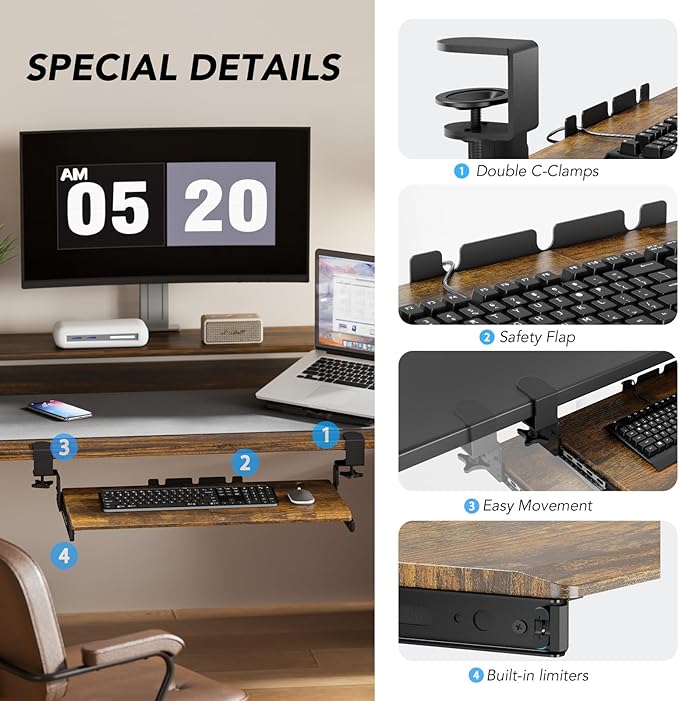 AX WABER Keyboard Tray Under Desk Pull Out with Extra Sturdy C Clamp Mount System, 27.3 (32.5 inch Including Clamps) x 11 Inch Slide-Out Platform Computer Drawer for Typing Vintage AX01WG02
