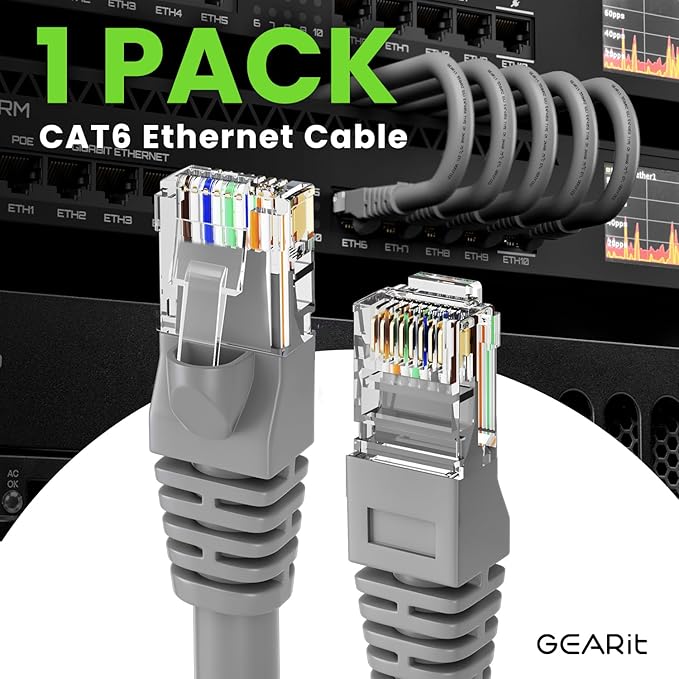 GEARit Cat 6 Ethernet Cable (1-Pack 3 Feet) Cat6 Network Patch, 10Gbps, RJ45, Snagless Cord, Gold-Plated Connectors, Internet for PC, TV, Tablet, Router, Printer, Servers, IT Data Center - Gray