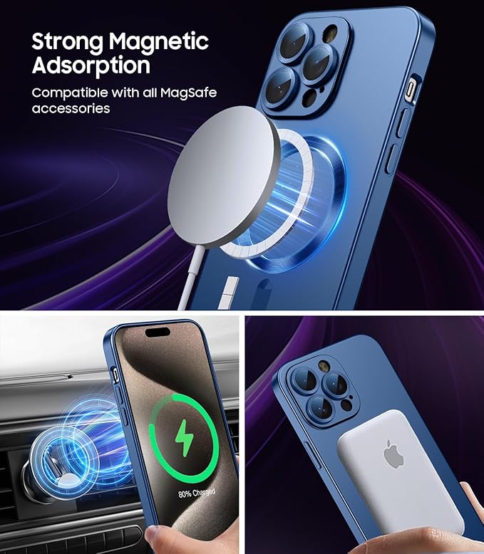 Magnetic for iPhone 15 Pro Max Case [Compatible with MagSafe][Built-in Camera Lens Protector] Slim Soft Silicone Bumper Shockproof Metallic Luster Phone Case (Blue)