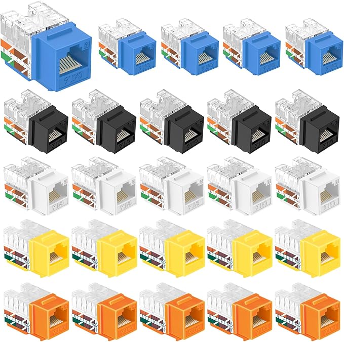 VCE UL Listed Cat6 RJ45 Keystone Jack Insert 25-Pack, 90 Degree Punch Down Keystone Jack Adapter Slim Profile Mixcolor